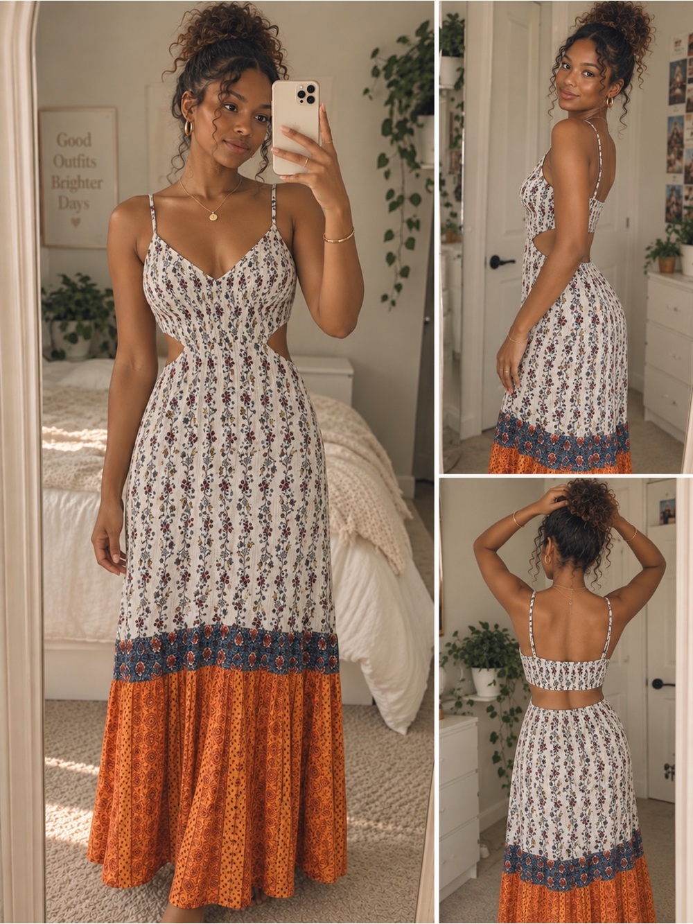 Boho Cutout Maxi Dress - White & Orange Floral